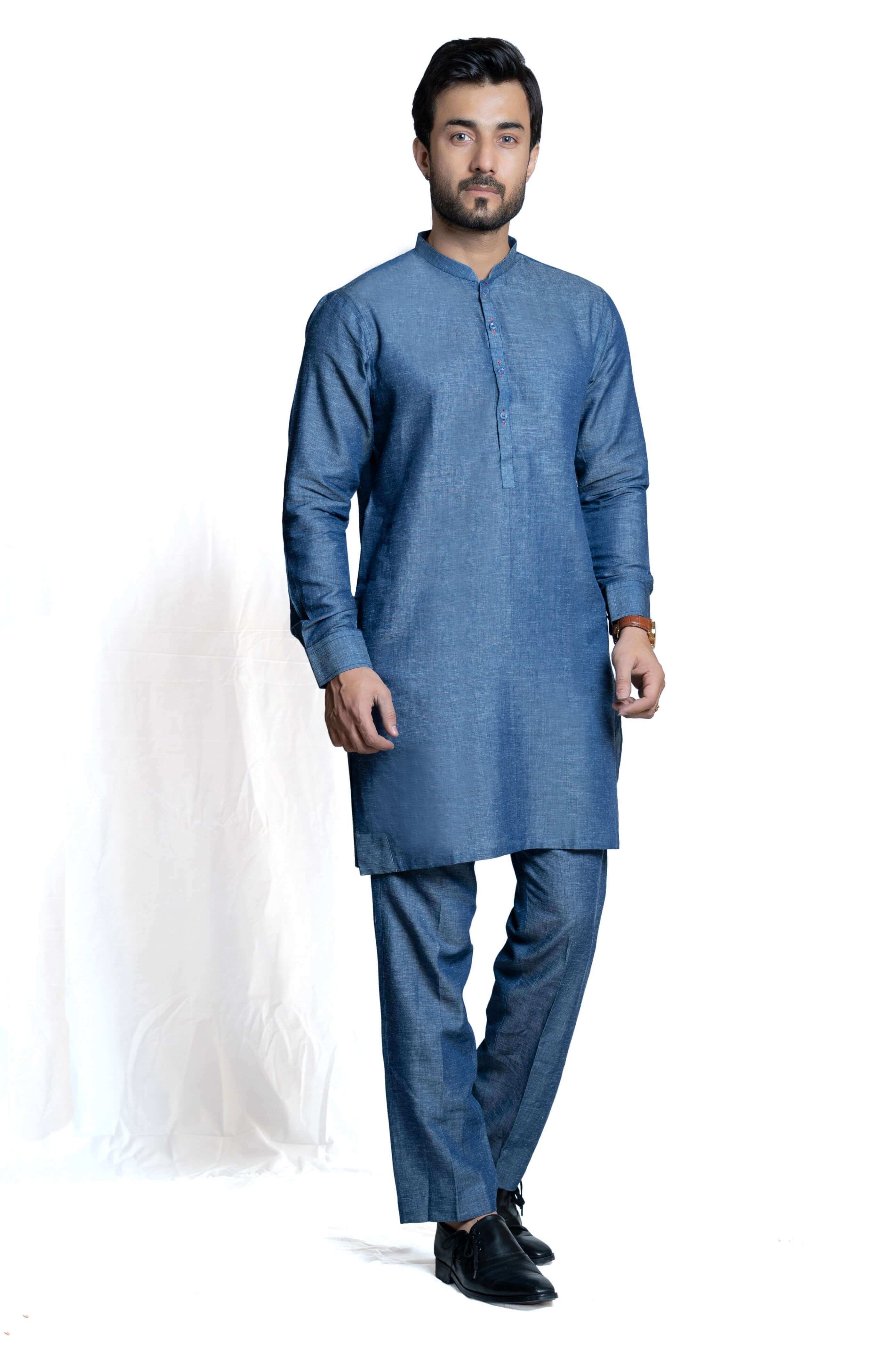 Blue Tensile Linen Kurta Pajama (2-Piece) - Image 3