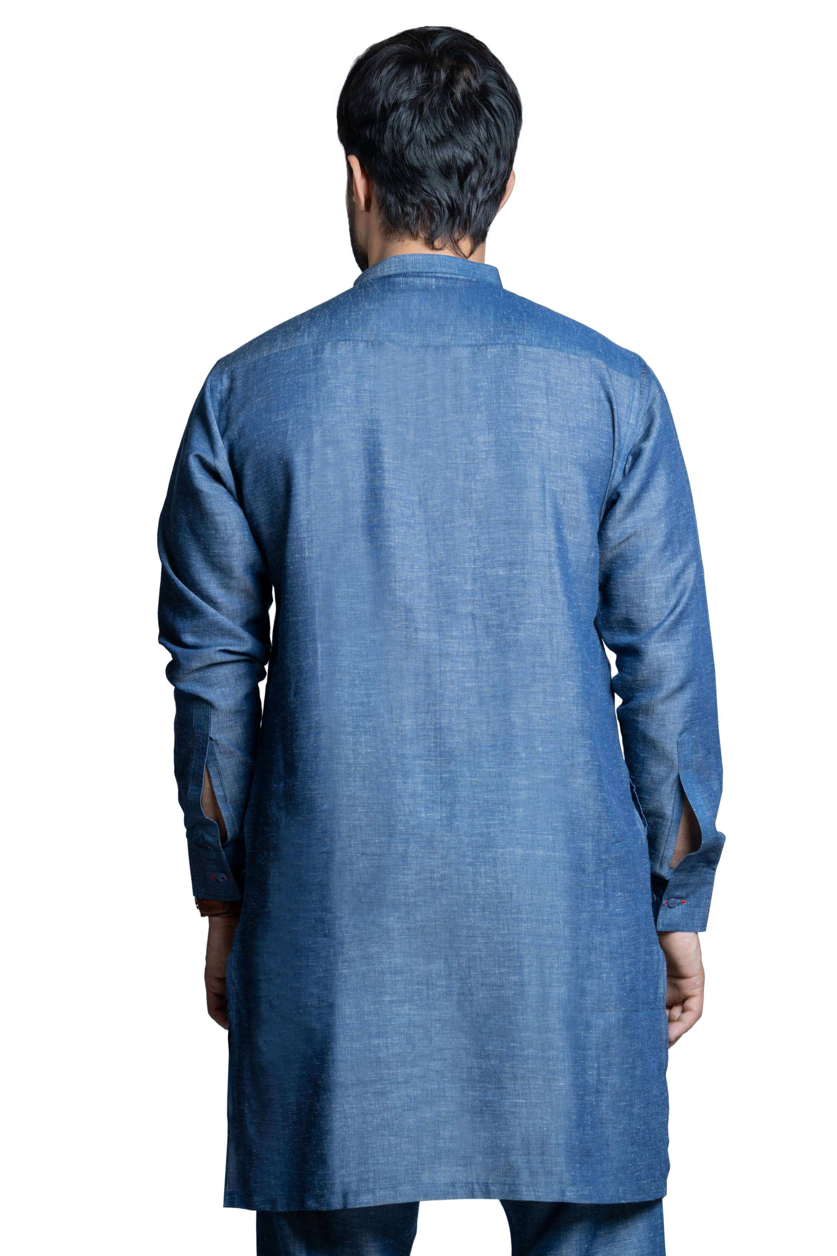 Blue Tensile Linen Kurta Pajama (2-Piece) - Image 6