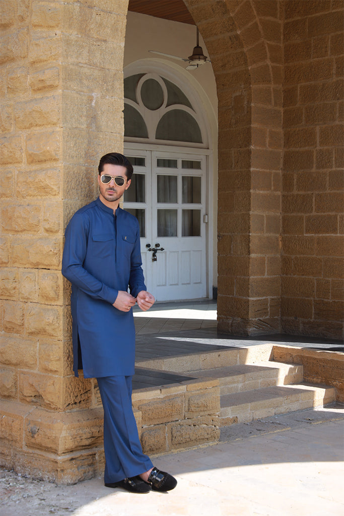 Royal Blue Cut Dana Linen Kurta Pajama (2-Piece) - Image 1