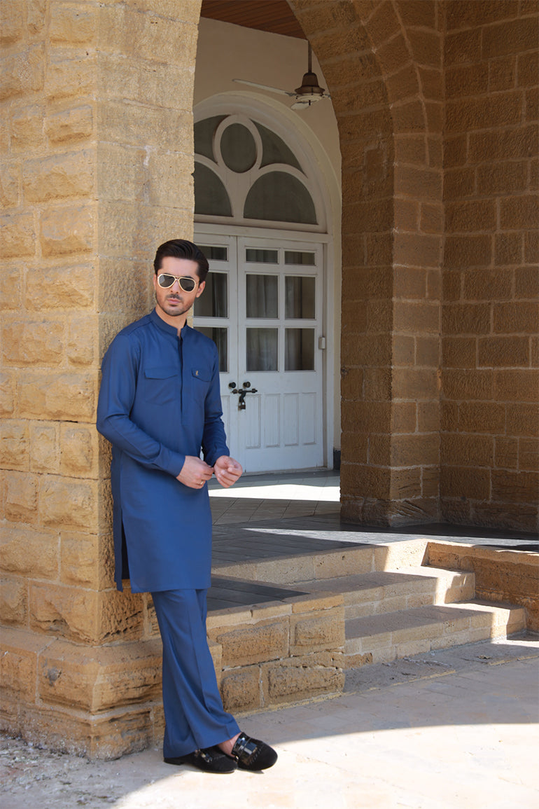 Royal Blue Cut Dana Linen Kurta Pajama (2-Piece) - Image 2