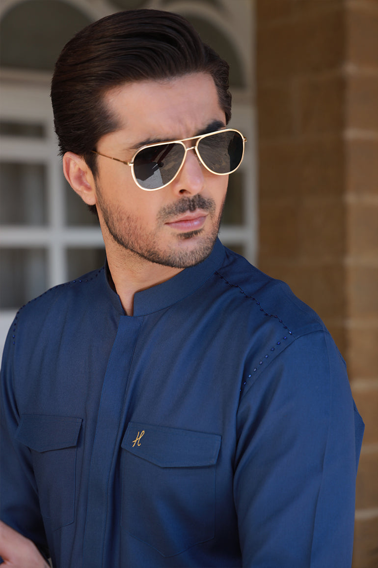 Royal Blue Cut Dana Linen Kurta Pajama (2-Piece) - Image 3