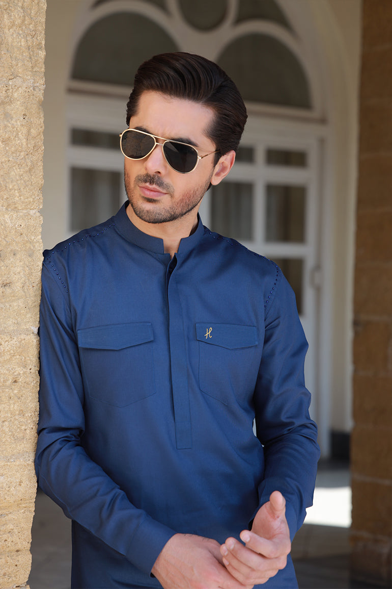 Royal Blue Cut Dana Linen Kurta Pajama (2-Piece) - Image 4