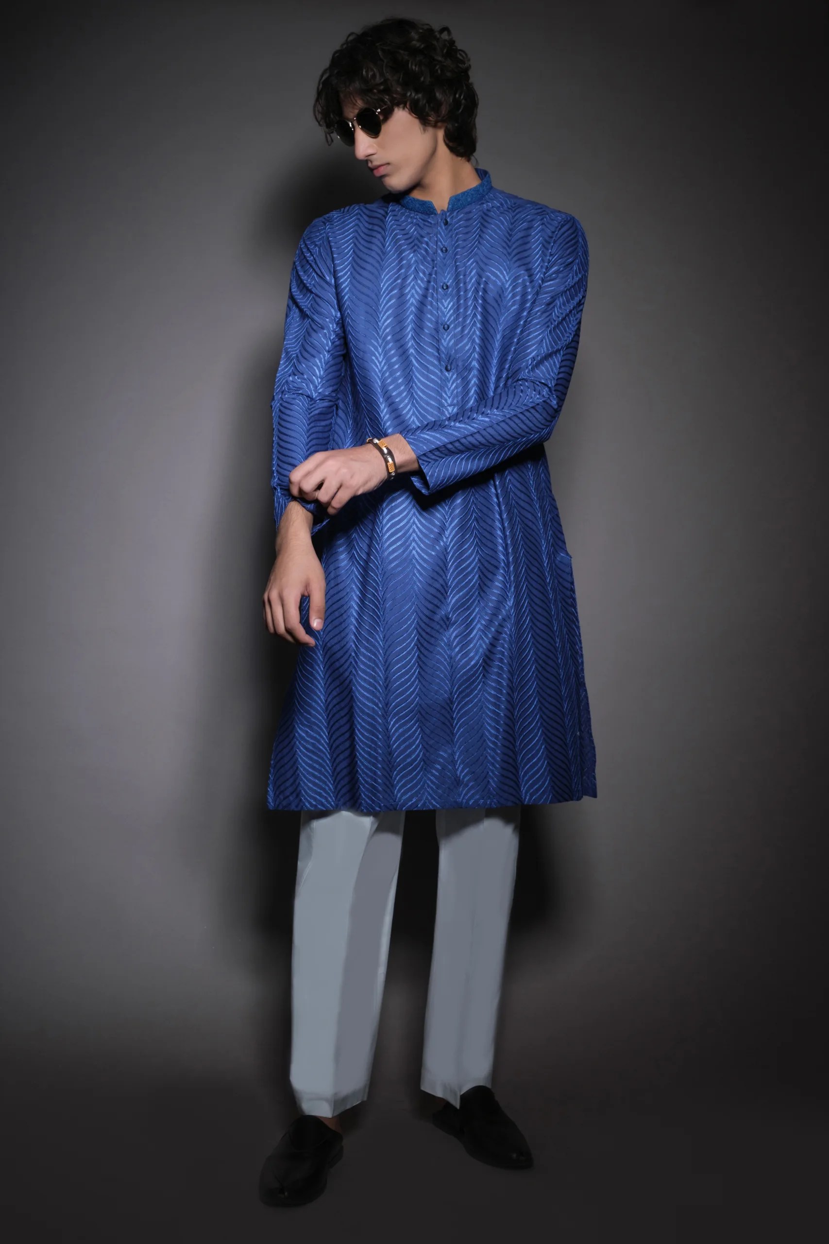 Denim Blue Textured Woven Kurta (2-Piece) - Image 1
