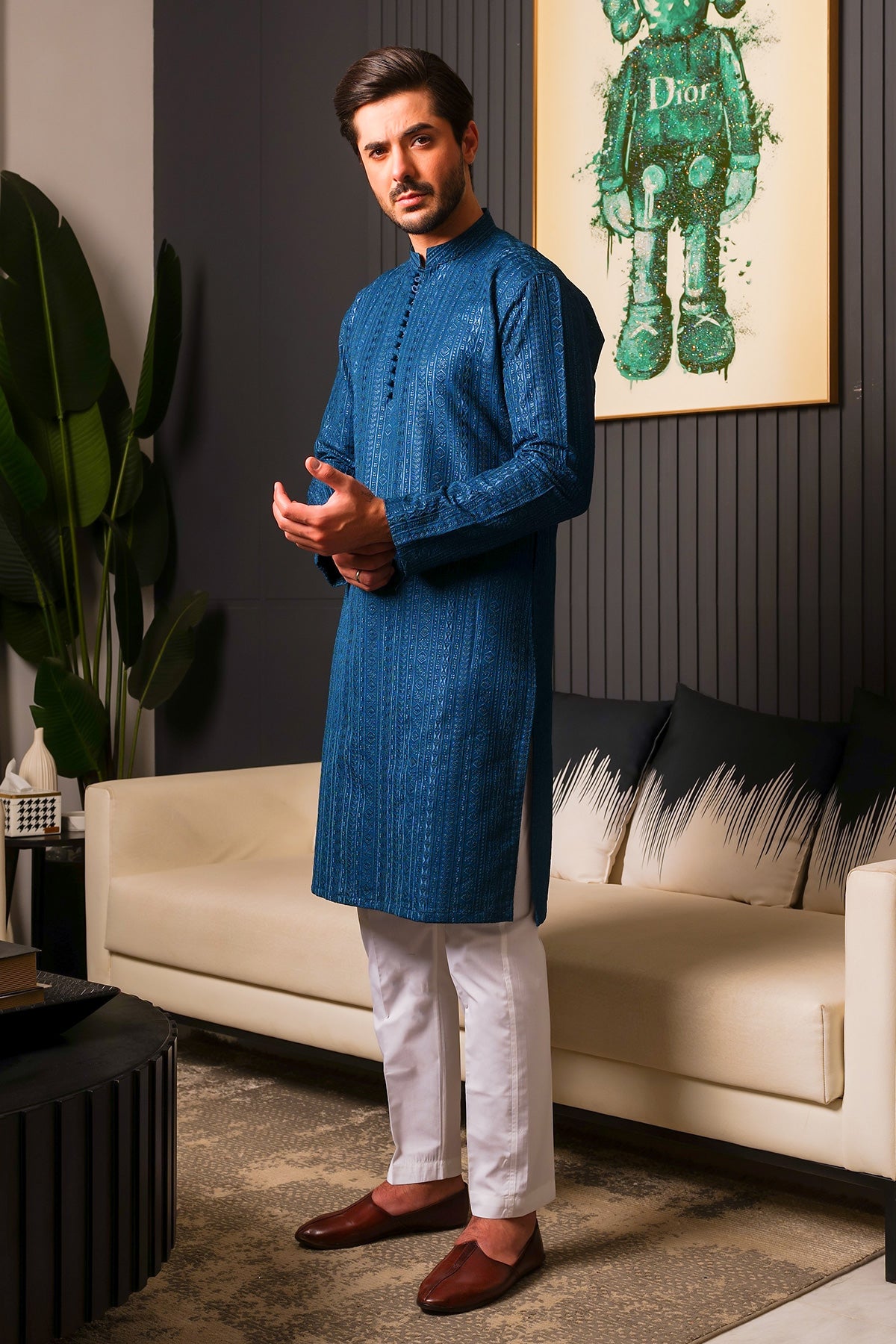 Blue Jacquard Masoori Kurta Pajama (2-Piece) - Image 1