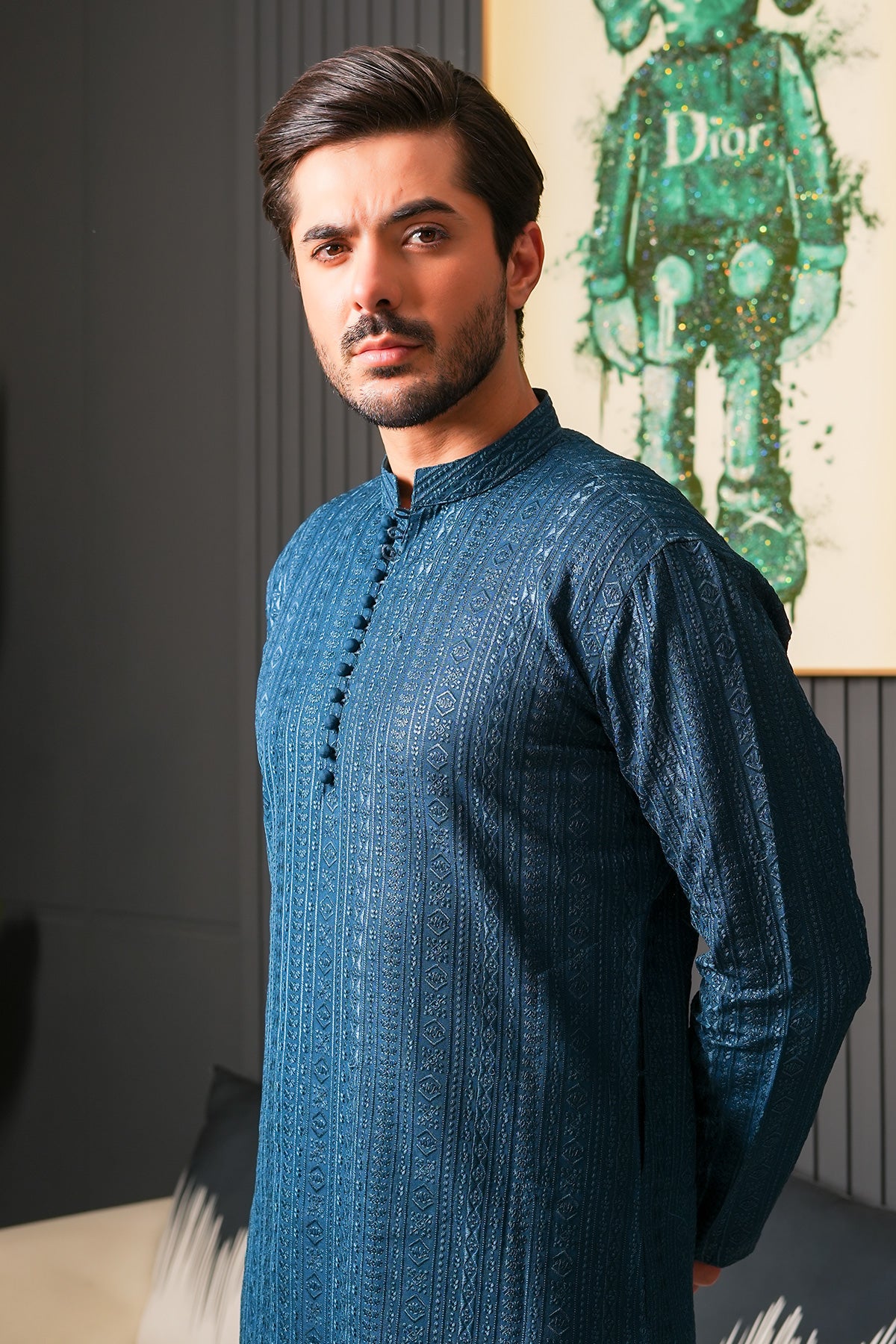 Blue Jacquard Masoori Kurta Pajama (2-Piece) - Image 2