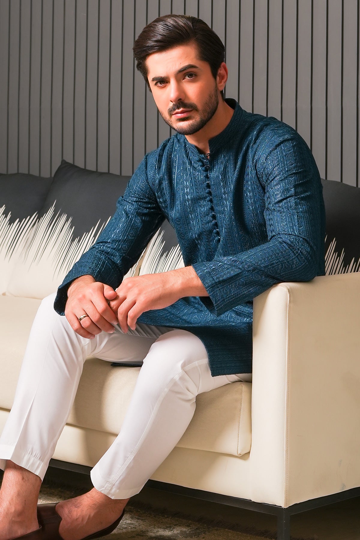 Blue Jacquard Masoori Kurta Pajama (2-Piece) - Image 3