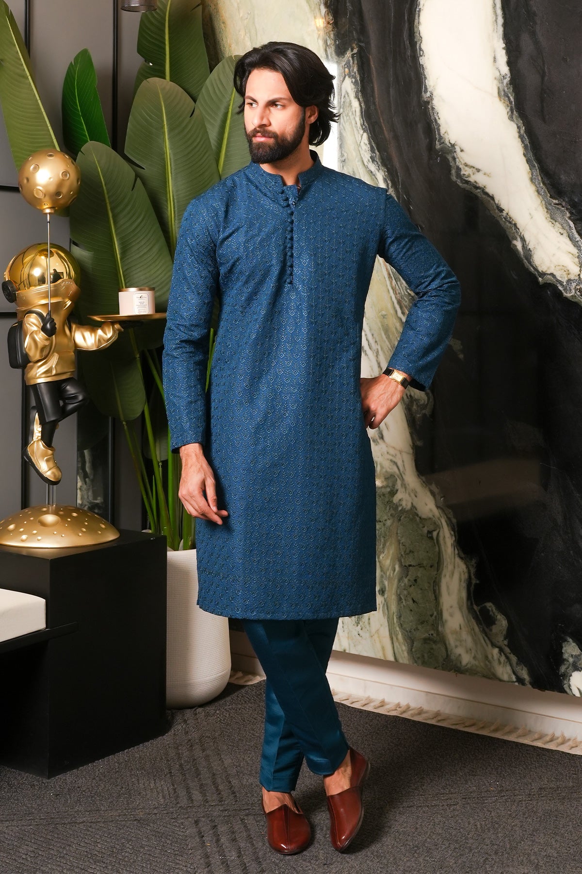 Blue Woven Masoori Kurta Pajama (2-Piece) - Image 1