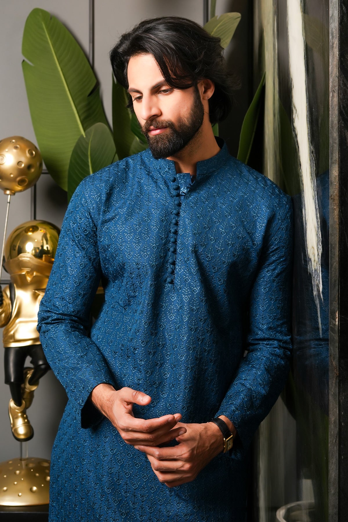 Blue Woven Masoori Kurta Pajama (2-Piece) - Image 2