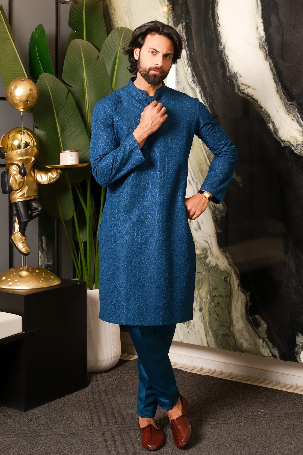Blue Woven Masoori Kurta Pajama (2-Piece) - Image 3