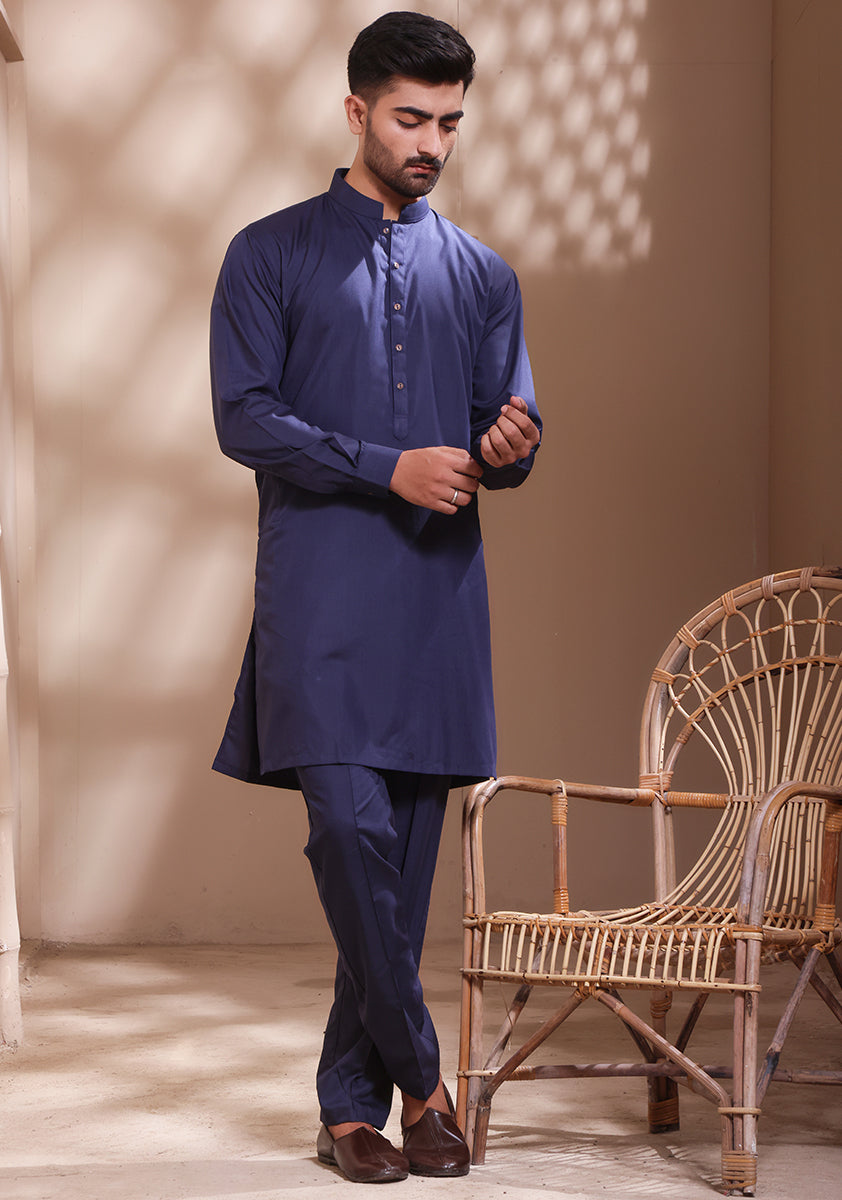 Outer Space Blue Poly Viscose Slim Fit Kurta Pajama (2-Piece) - Image 1