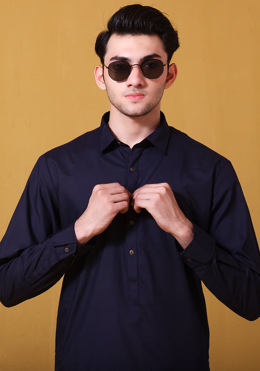 Outer Space Blue Poly Viscose Kurta Pajama (2-Piece) - Image 2