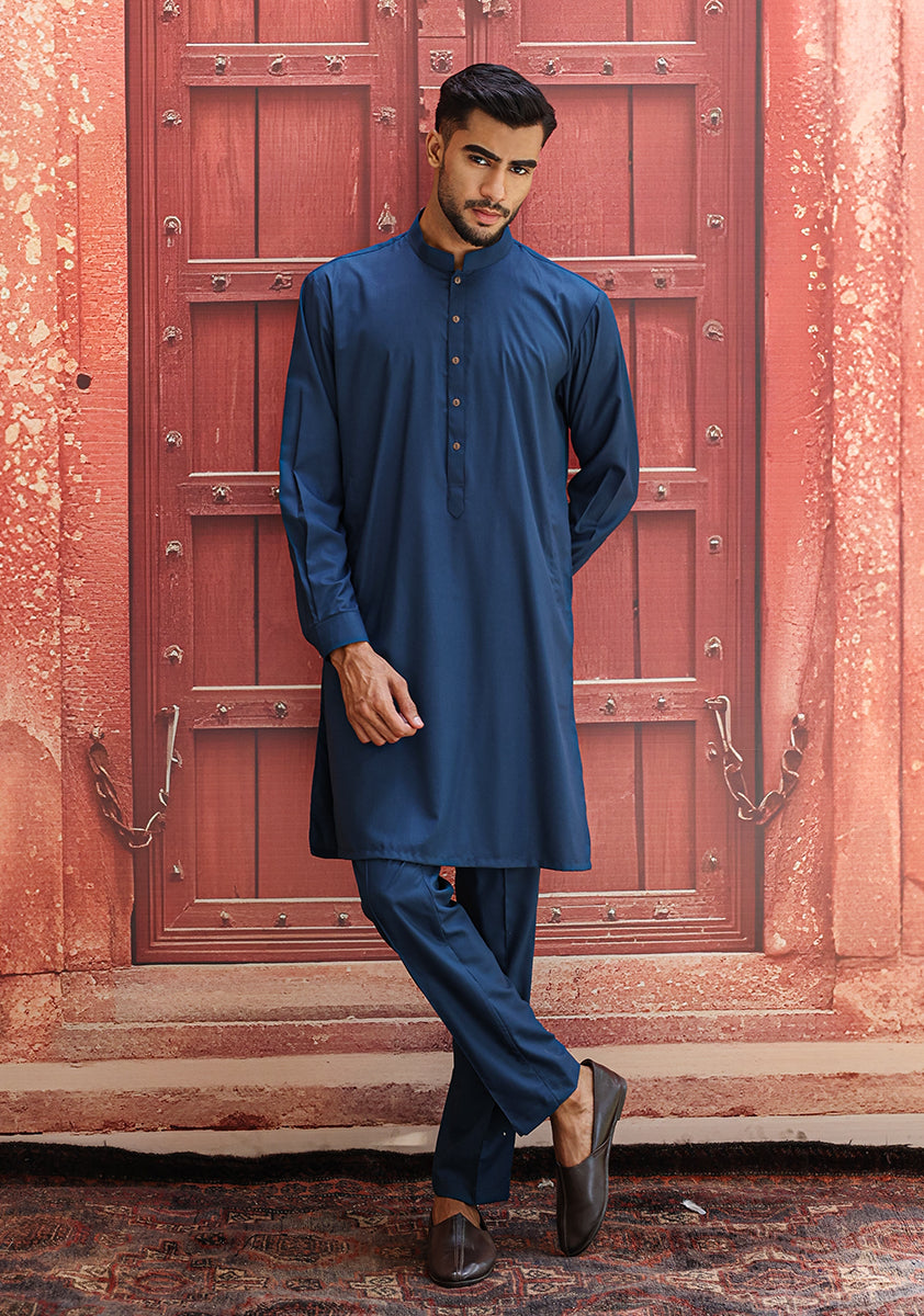 Moroccan Blue Poly Viscose Slim Fit Kurta Pajama (2-Piece) - Image 1
