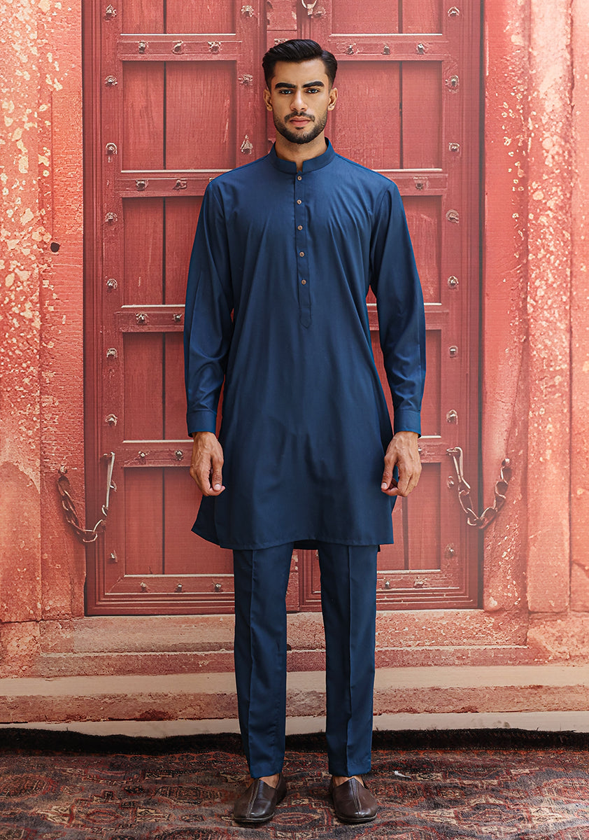 Moroccan Blue Poly Viscose Slim Fit Kurta Pajama (2-Piece) - Image 2