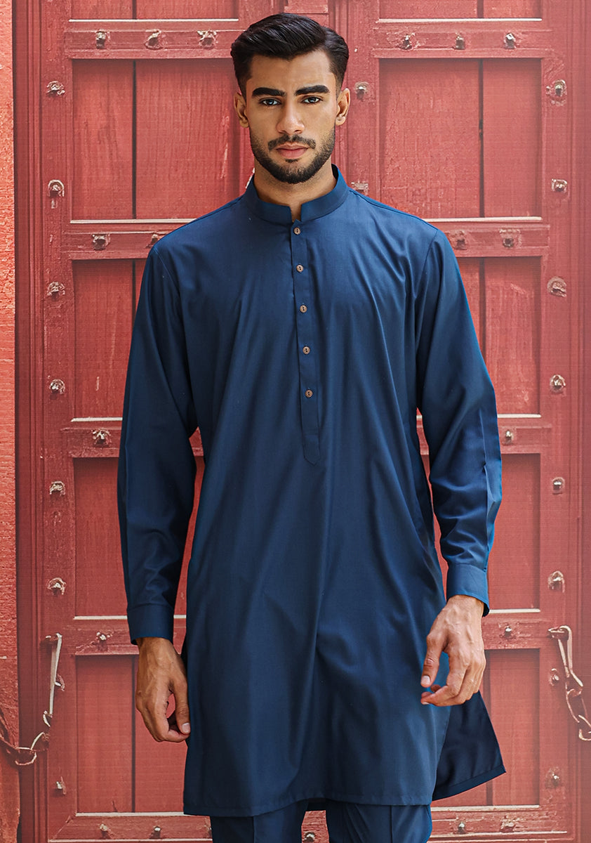 Moroccan Blue Poly Viscose Slim Fit Kurta Pajama (2-Piece) - Image 3