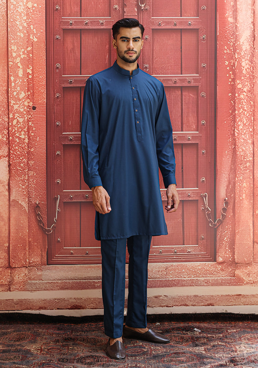 Moroccan Blue Poly Viscose Slim Fit Kurta Pajama (2-Piece) - Image 4