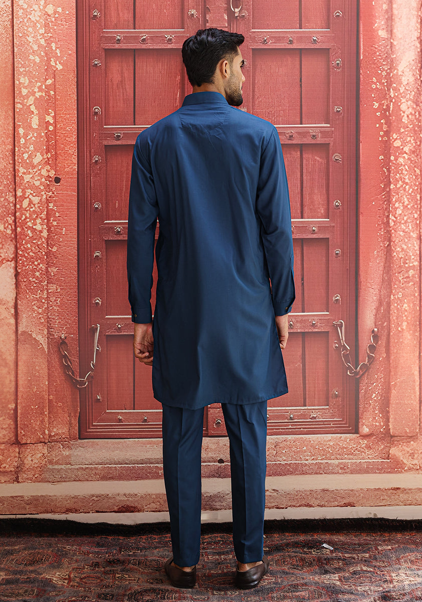 Moroccan Blue Poly Viscose Slim Fit Kurta Pajama (2-Piece) - Image 5