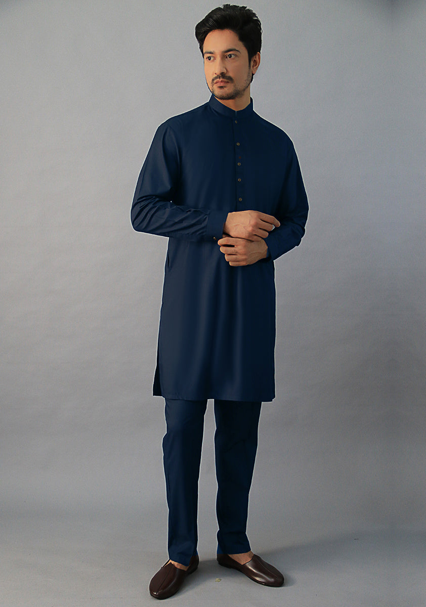 Sailor Blue Poly Viscose Slim Fit Kurta Pajama (2-Piece) - Image 1
