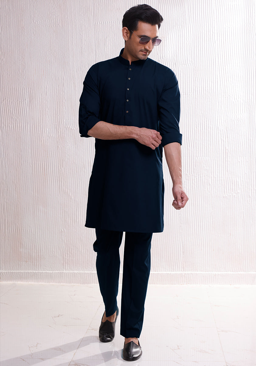 Outer Space Blue Poly Viscose Kurta Pajama (2-Piece) - Image 1