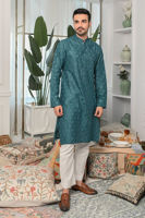 Harbor Blue Schiffli Cotton Embroidered Kurta Pajama (2-Piece) - Image 2