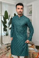 Harbor Blue Schiffli Cotton Embroidered Kurta Pajama (2-Piece) - Image 3