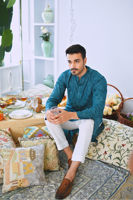 Harbor Blue Schiffli Cotton Embroidered Kurta Pajama (2-Piece) - Image 4