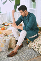 Harbor Blue Schiffli Cotton Embroidered Kurta Pajama (2-Piece) - Image 5