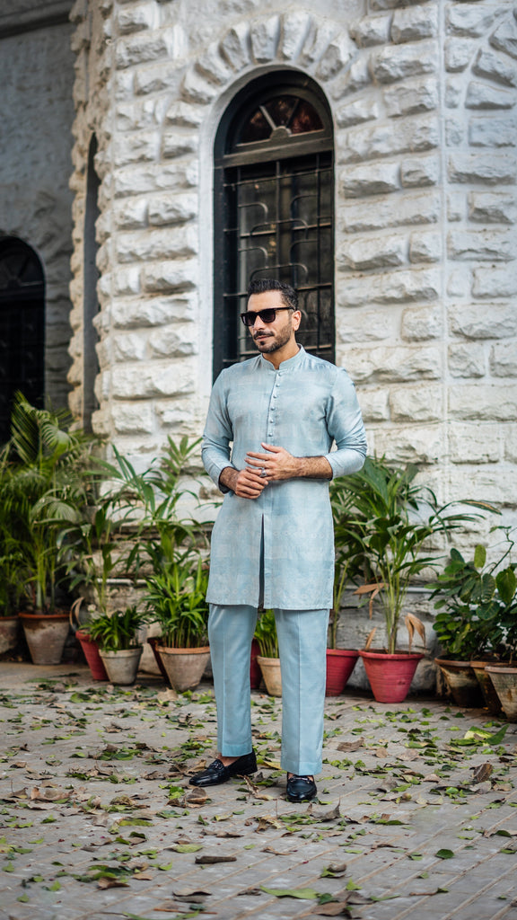 Mint Blue Self-Jacquard Kurta Pajama (2-Piece) - Image 1