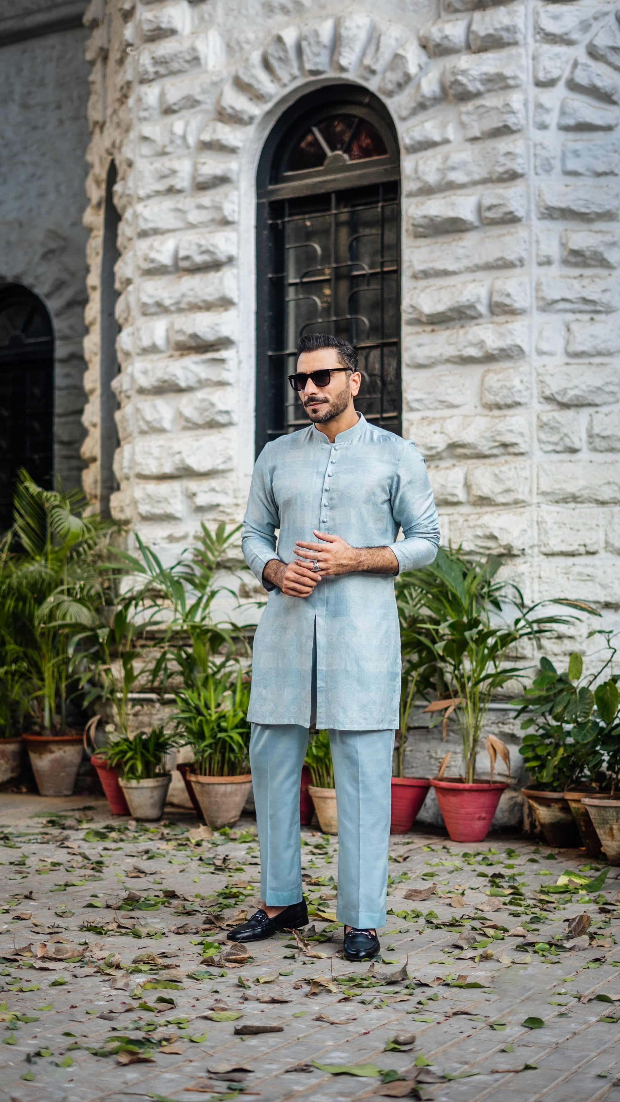 Mint Blue Self-Jacquard Kurta Pajama (2-Piece) - Image 2