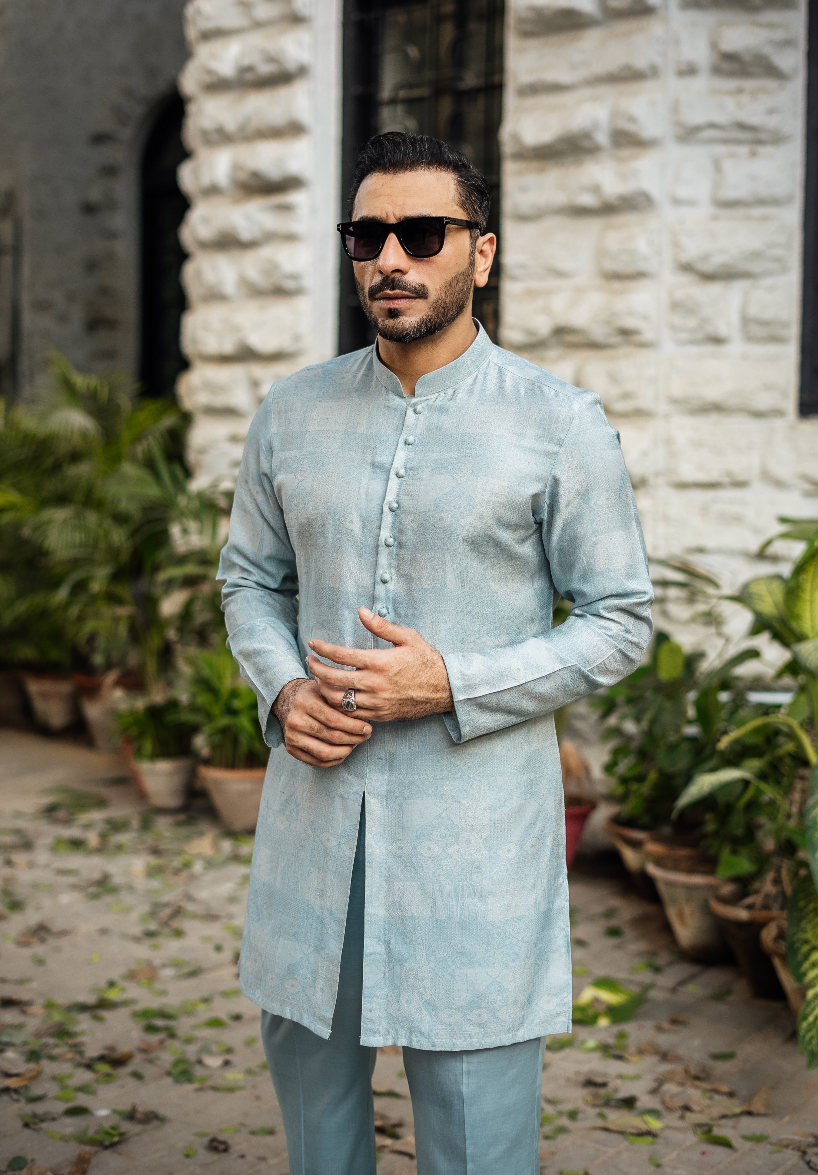 Mint Blue Self-Jacquard Kurta Pajama (2-Piece) - Image 3