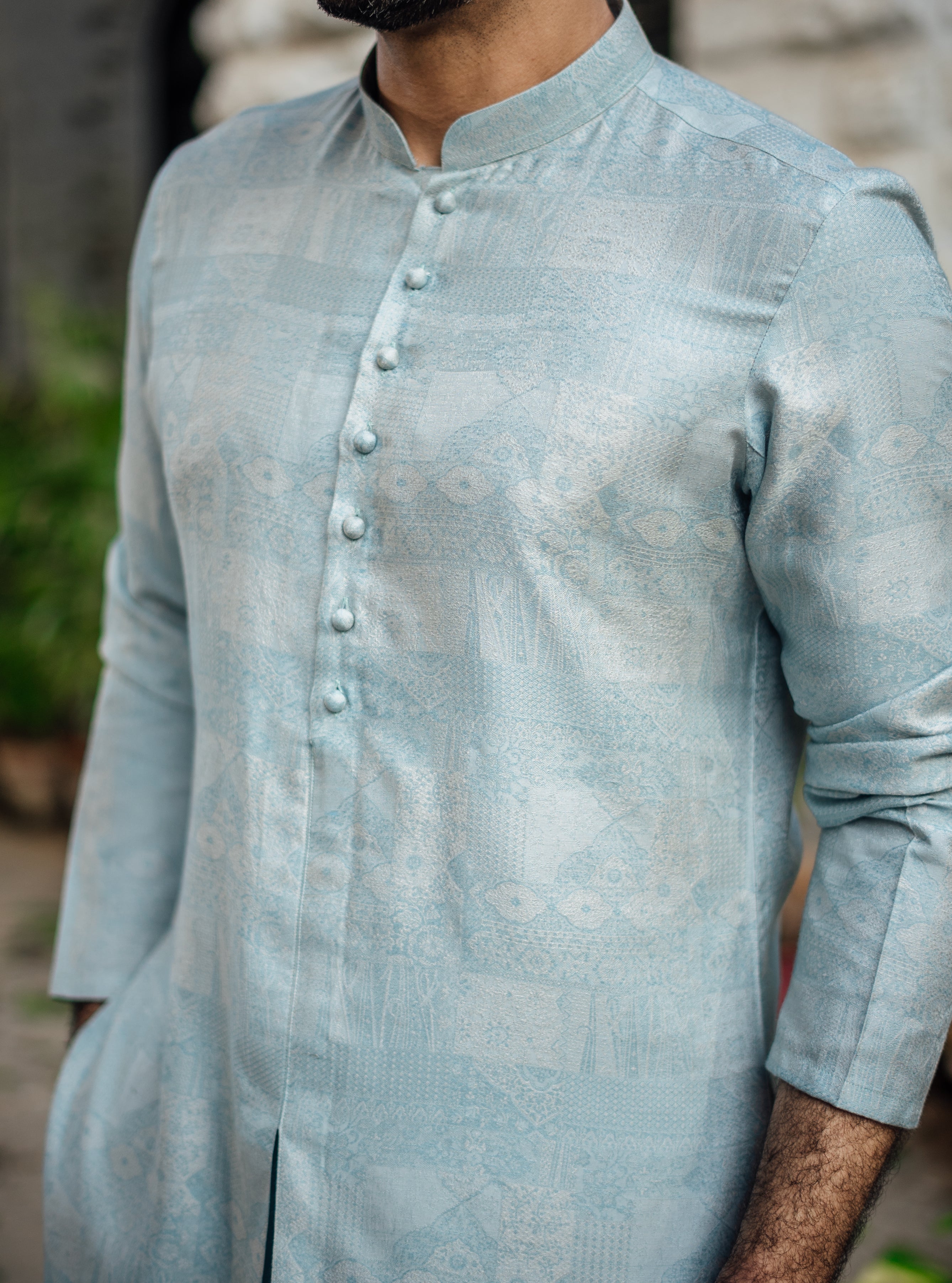 Mint Blue Self-Jacquard Kurta Pajama (2-Piece) - Image 4