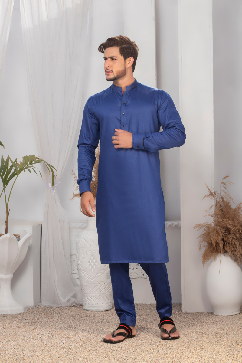 Royal Blue Silk-Blend Kurta Pajama Set (2-Piece) - Image 1