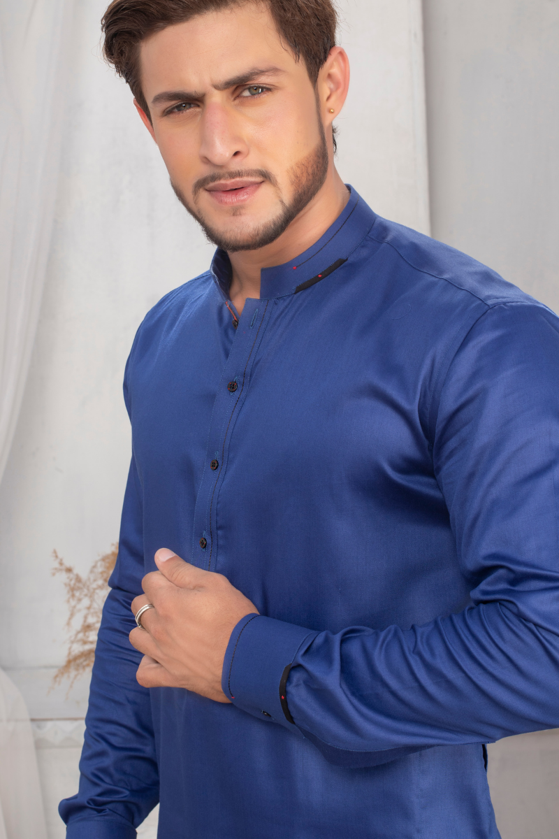 Royal Blue Silk-Blend Kurta Pajama Set (2-Piece) - Image 2