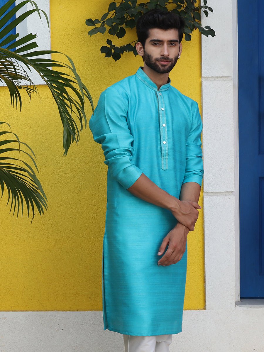 Vibrant Cyan Blue Silk Blend Kurta Pajama (2-Piece) - Image 1