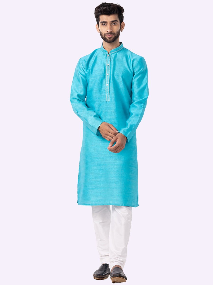 Vibrant Cyan Blue Silk Blend Kurta Pajama (2-Piece) - Image 2