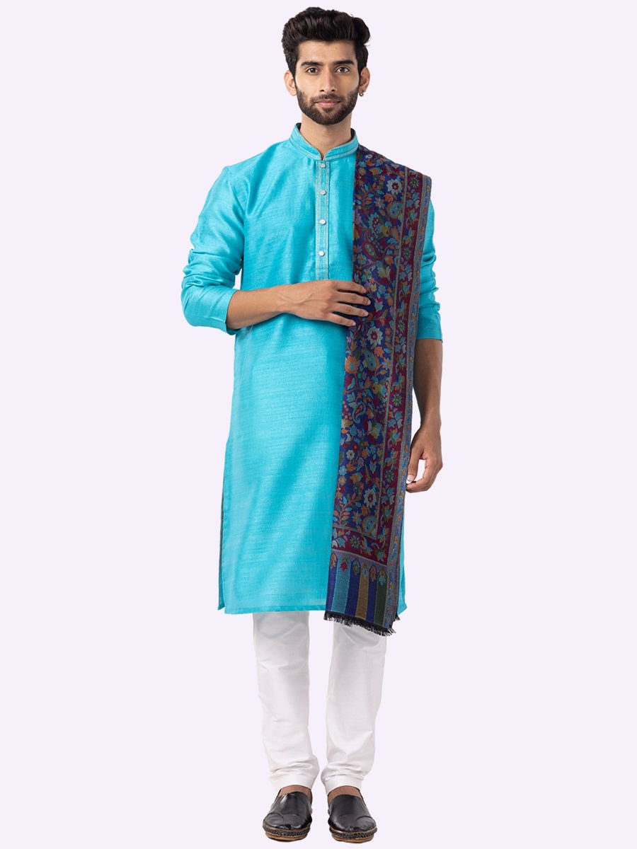 Vibrant Cyan Blue Silk Blend Kurta Pajama (2-Piece) - Image 3