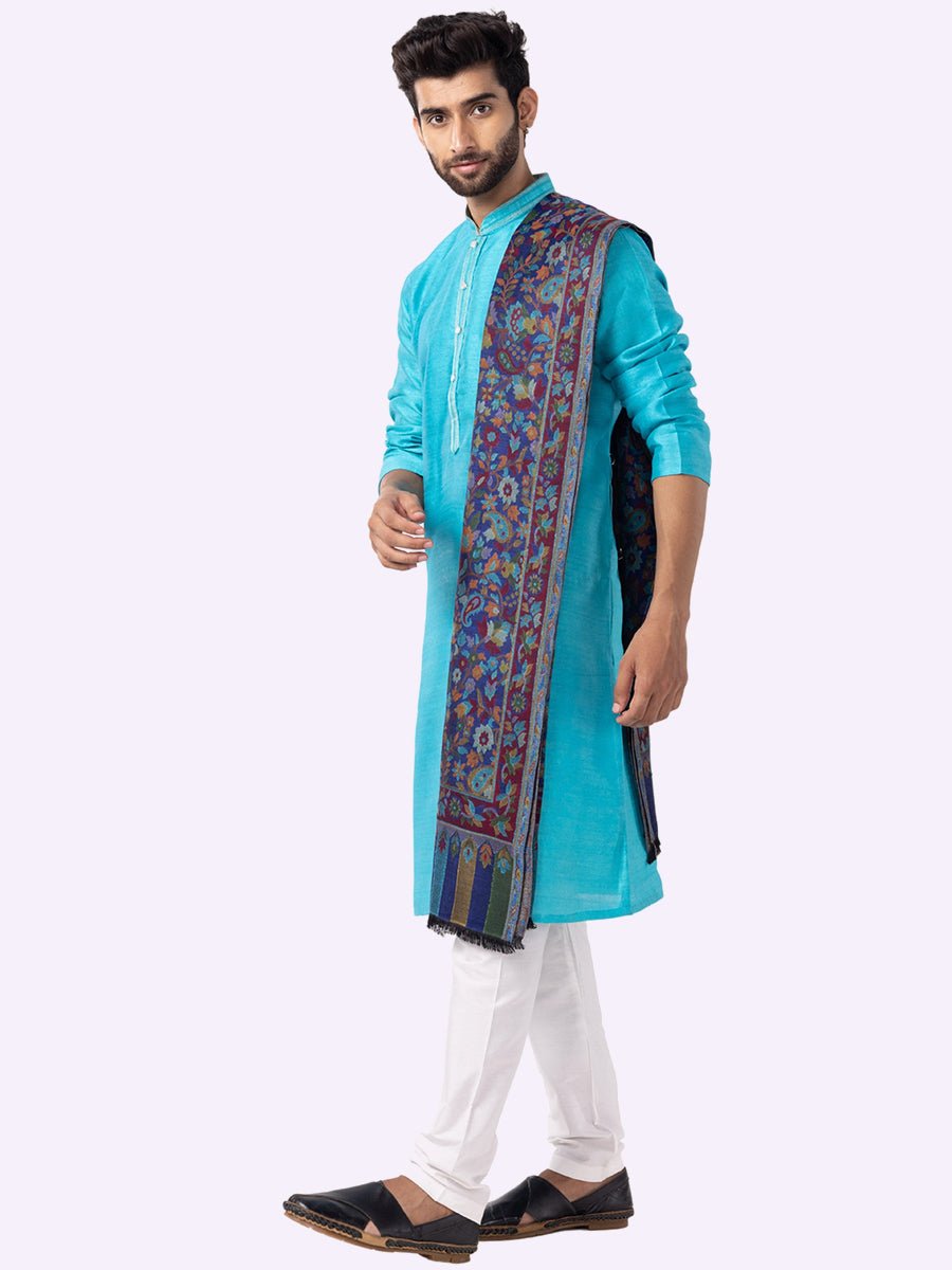 Vibrant Cyan Blue Silk Blend Kurta Pajama (2-Piece) - Image 4