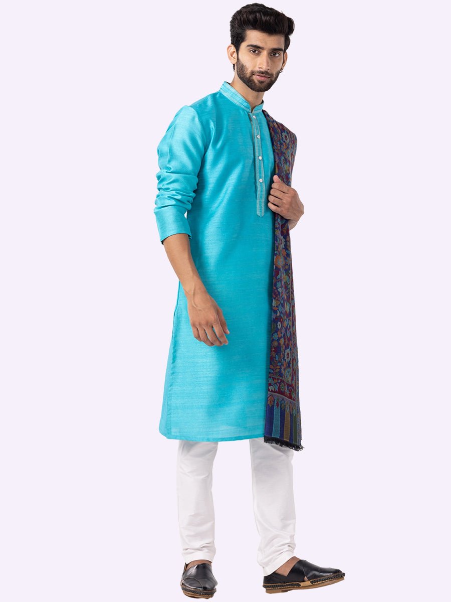 Vibrant Cyan Blue Silk Blend Kurta Pajama (2-Piece) - Image 5