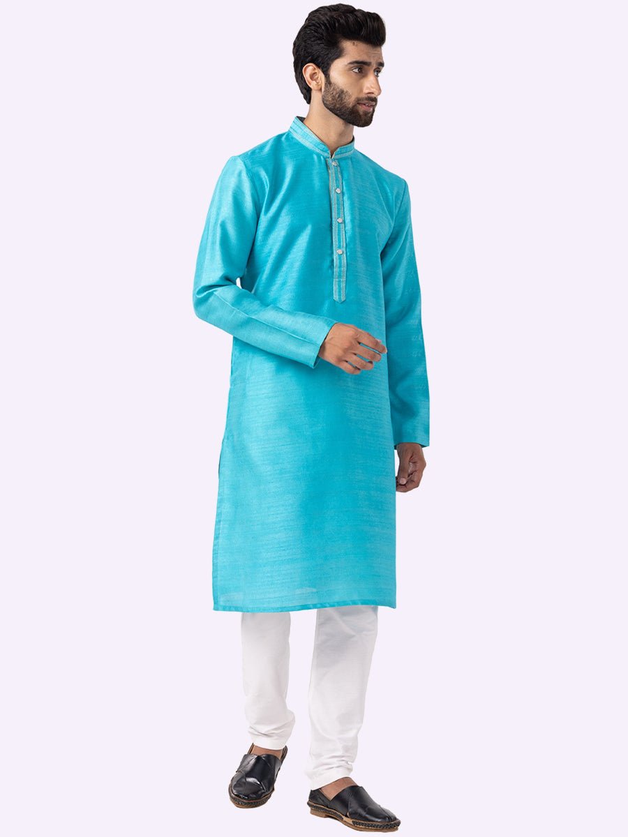Vibrant Cyan Blue Silk Blend Kurta Pajama (2-Piece) - Image 6