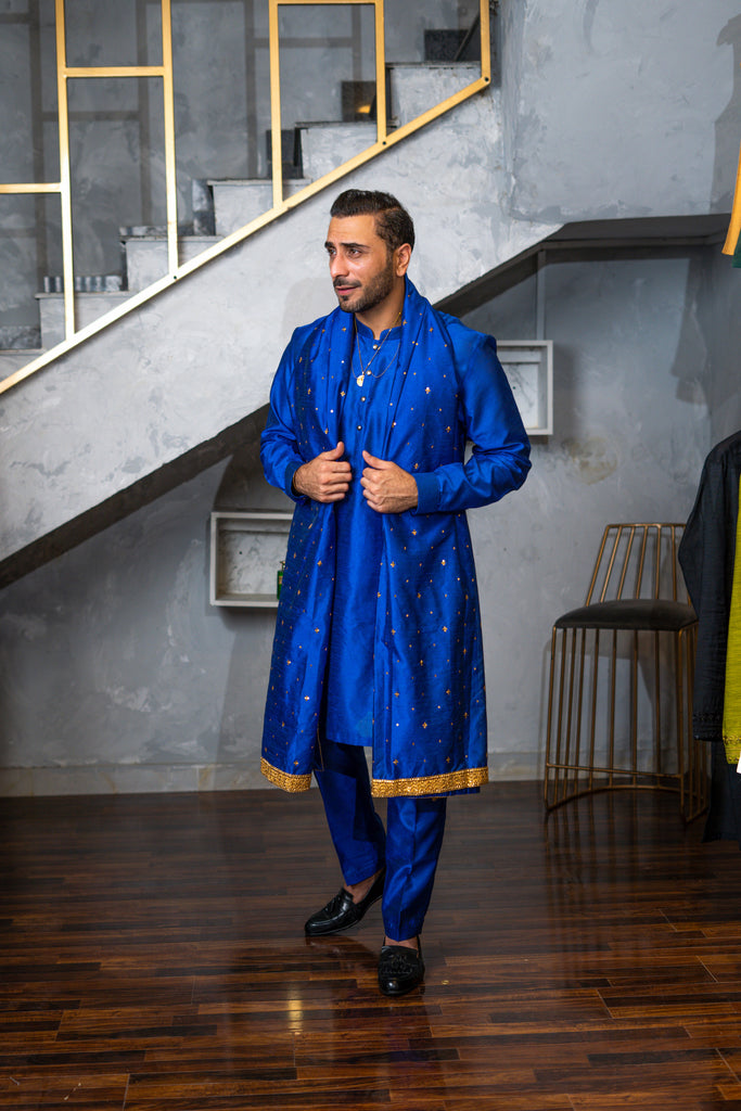 Royal Blue Embroidered Silk Kurta Pajama (3-Piece) - Image 1