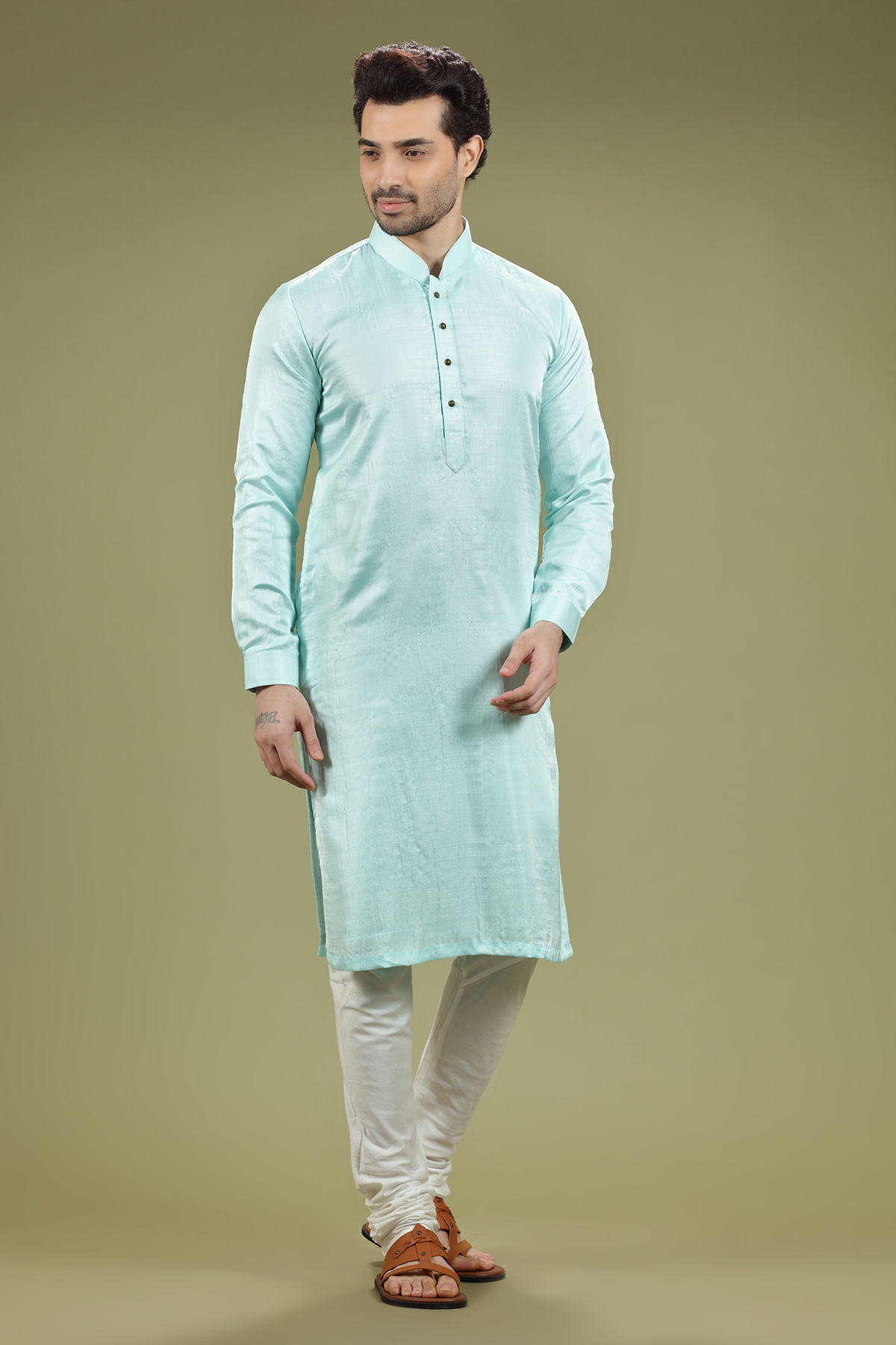 Aqua Blue Silk Straight-Cut Kurta Pajama (2-Piece) - Image 1