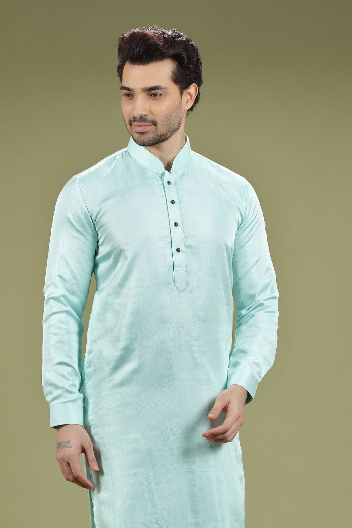 Aqua Blue Silk Straight-Cut Kurta Pajama (2-Piece) - Image 2
