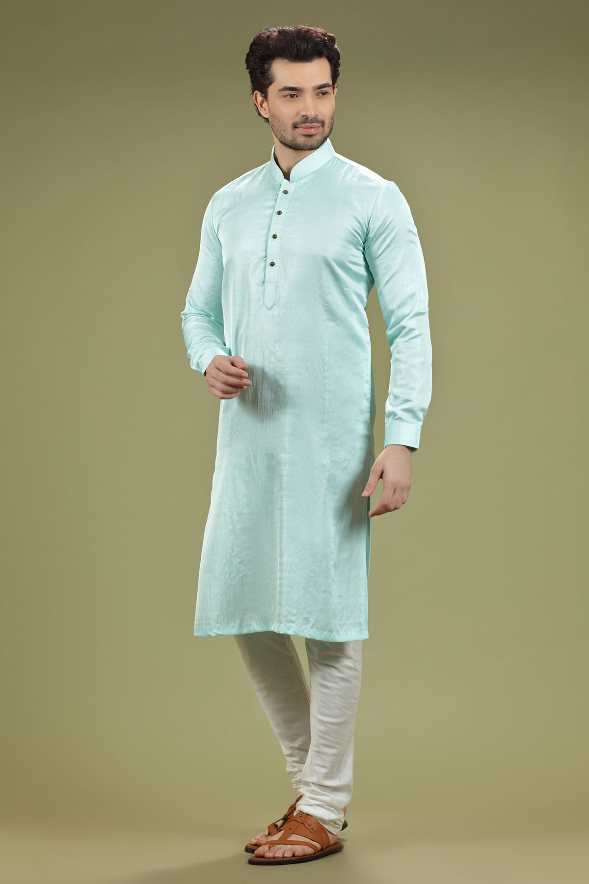 Aqua Blue Silk Straight-Cut Kurta Pajama (2-Piece) - Image 3