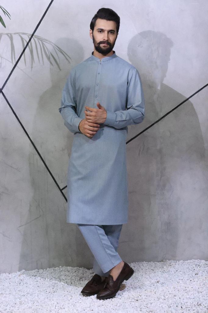 Sky Blue Plain Kurta Pajama (2-Piece) - Image 1