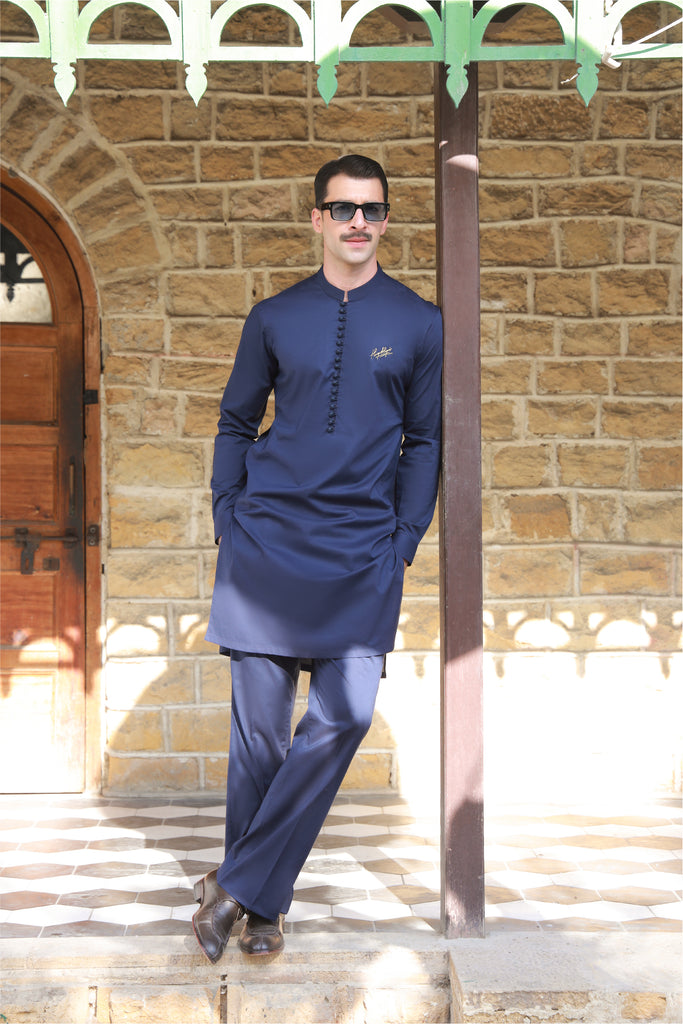 Royal Blue Embroidered Stretchable Kurta Pajama (2-Piece) - Image 1