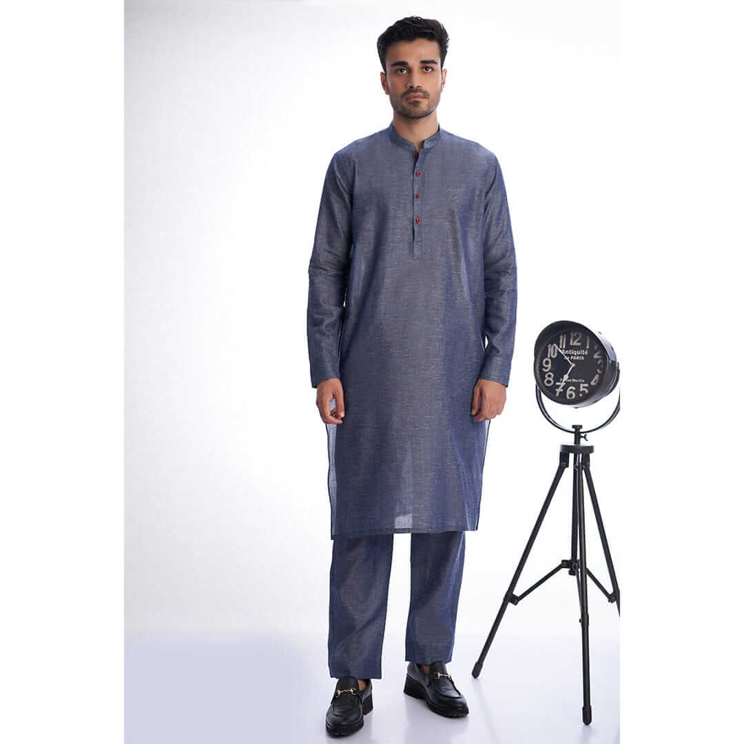 Blue Contrast-Stitch Tencel Linen Kurta Pajama (2-Piece) - Image 1