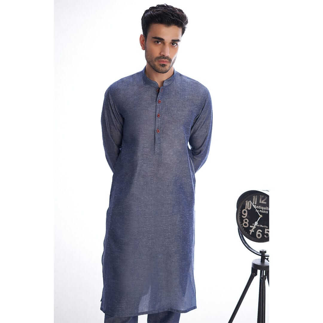 Blue Contrast-Stitch Tencel Linen Kurta Pajama (2-Piece) - Image 2
