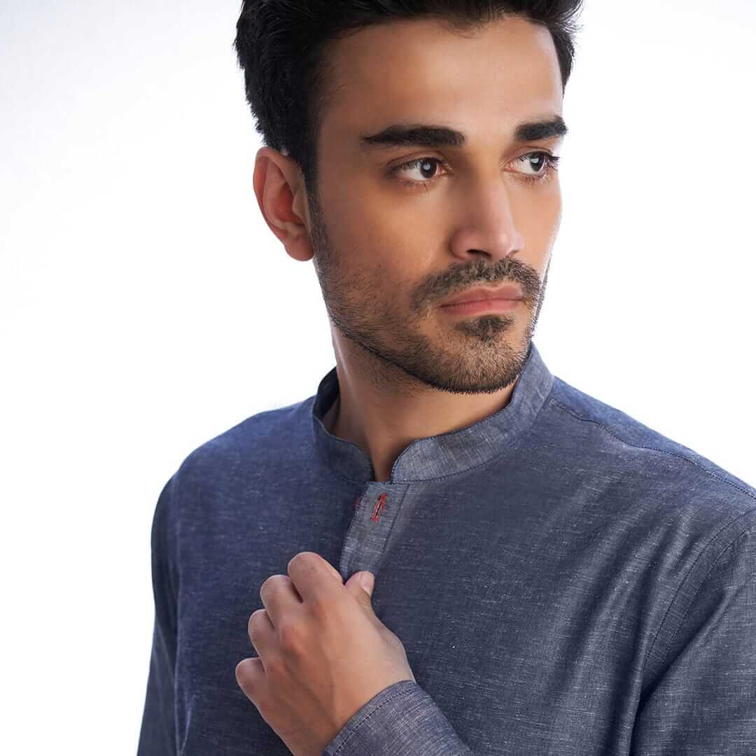 Blue Contrast-Stitch Tencel Linen Kurta Pajama (2-Piece) - Image 3