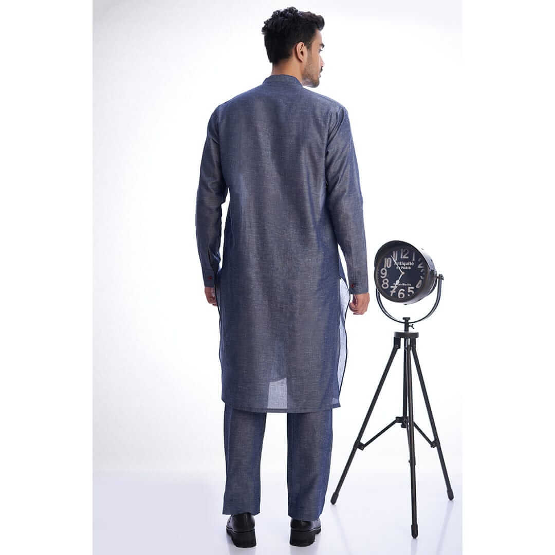 Blue Contrast-Stitch Tencel Linen Kurta Pajama (2-Piece) - Image 4
