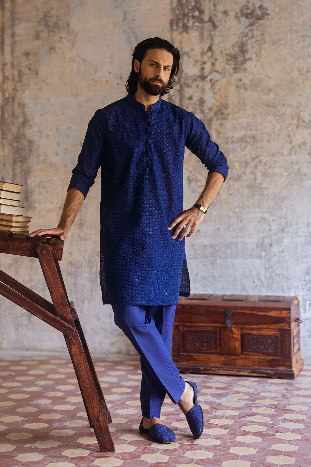 Blue Embroidered Kurta Pajama Set (2-Piece) - Image 1