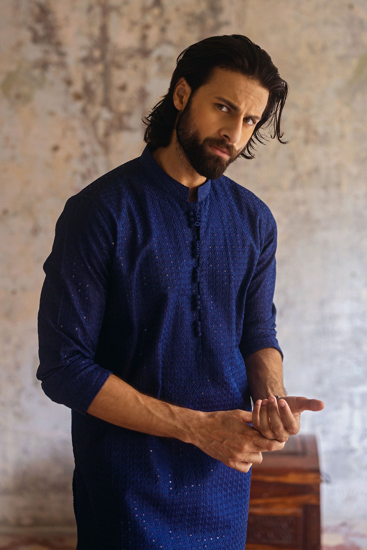 Blue Embroidered Kurta Pajama Set (2-Piece) - Image 3